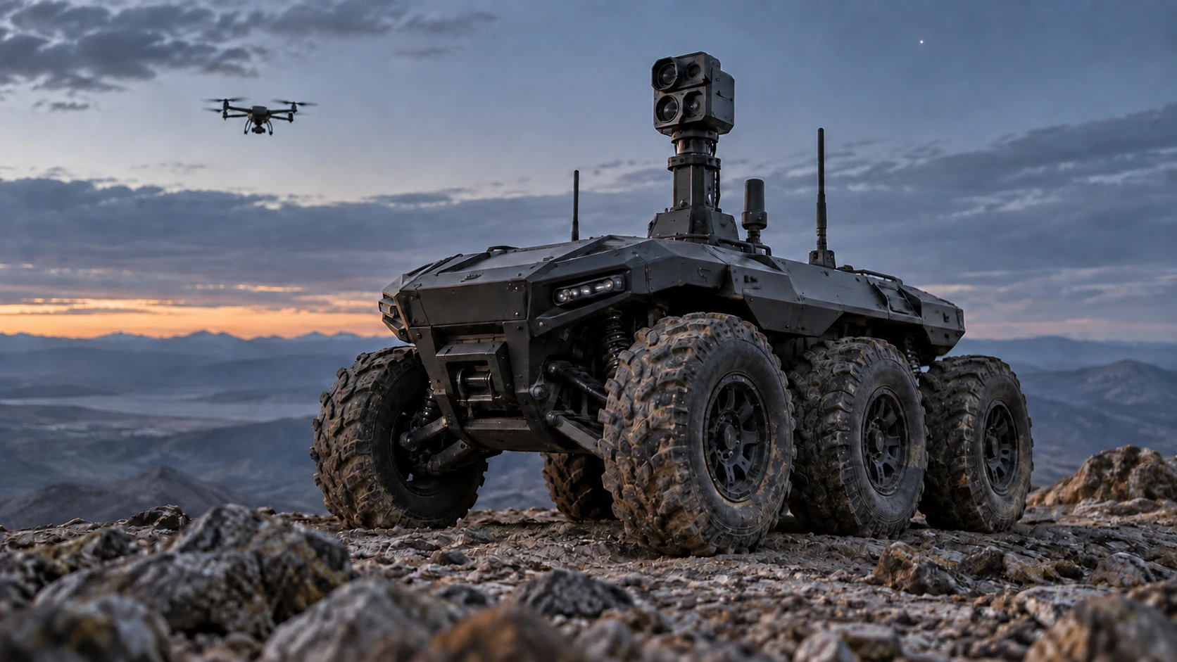 Concept illustration of a wheeled reconnaissance robot and drone on a rocky ridge at dusk